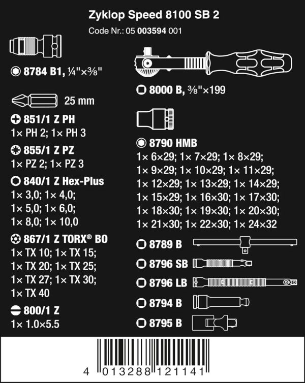 d84ada7b9c91443fa85a190f4da87fda 5003594001 8100 SB 2 Zyklop 3/8" Metric Ratchet Set ( Piece of 43)
