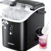 Nugget Ice Maker Countertop with Handle, Ready in 6 Mins, 34lbs Per Day, Removable Top Cover, Auto-Cleaning, Portable Sonic Ice Maker with Basket and Scoop, for Home/Party/RV/Camping (Black)