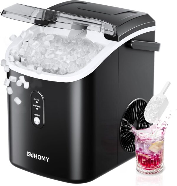 d889647212f146219897b4614d99c45f Nugget Ice Maker Countertop with Handle, Ready in 6 Mins, 34lbs Per Day, Removable Top Cover, Auto-Cleaning, Portable Sonic Ice Maker with Basket and Scoop, for Home/Party/RV/Camping (Black)