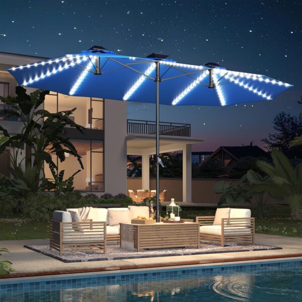 d8b44a5c24744efe8a947c01384581e6 15ft Patio Umbrella with Solar Lights, Large Double Umbrella Outdoor, Rectangle 180''x106'' Umbrellas with 156 PCS LED Lights and Crank Handle for Backyard Deck Pool Shade in Black(1.9" Pole)
