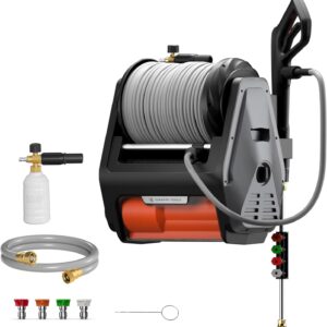 Pressure Washer Pro, Electric Wall Mount Power Washer with 100FT Retractable Pressure Hoses, 3300PSI, 1.6GPM, 4 Nozzles, Foam Cannon for Cars/Patios, Dark Silver