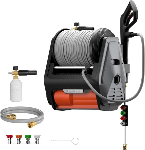 d8b5adf023d94e17bd647bd7e90c1bc2 Pressure Washer Pro, Electric Wall Mount Power Washer with 100FT Retractable Pressure Hoses, 3300PSI, 1.6GPM, 4 Nozzles, Foam Cannon for Cars/Patios, Dark Silver