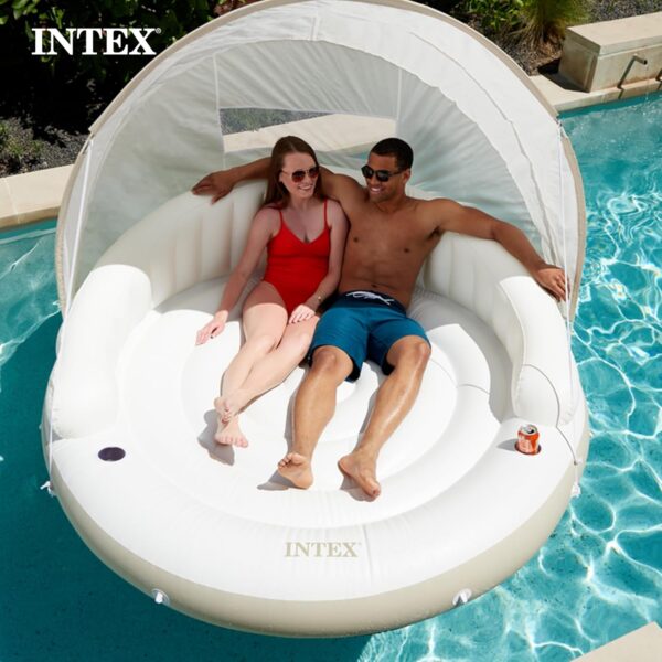 58292EP Canopy Island Inflatable Pool Float: Comfortable Lounge Surface – Built-in Cup Holders – Detachable Sunshade – 440lb Max Weight Capacity – 78.5" x 59"