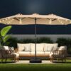 Double Sided Patio Umbrellas - 15ft Solar Lights LED Lighted Outdoor Extra Large Market Table Umbrella with Base Included, Oversized Umbrella for Deck, Pool, Backyard (Beige)