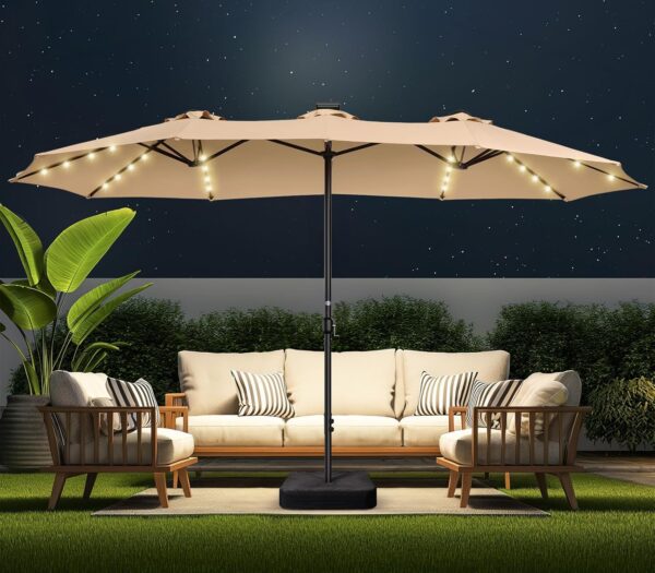 db66f5d66c014581a96e298df61e34f4 Double Sided Patio Umbrellas - 15ft Solar Lights LED Lighted Outdoor Extra Large Market Table Umbrella with Base Included, Oversized Umbrella for Deck, Pool, Backyard (Beige)