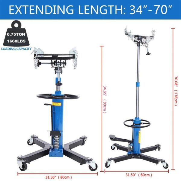dbb383ef9c27421f83c256c6f4457238 1660 Pounds Hydraulic Car Transmission Jack Vertical Lift with 360° Swivel Wheel Pedal ,Blue,33"-70"(0.75Ton)