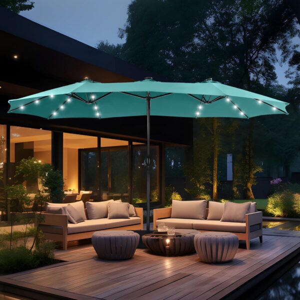 dc003dfe04964bca8bbc8b73e1398162 15ft Double Sided Patio Umbrella with Solar Lights, Outdoor Large Umbrellas with Crank Handle and 36 LED Lights, Rectangular Market Umbrella with Base Included for Deck Pool Shade