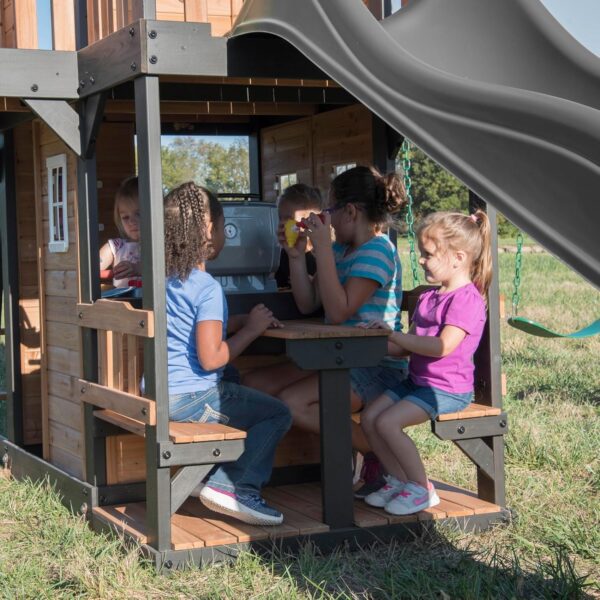 dc076213a64f4750a41df6e7810c2529 Backyard Discovery Canyon Creek Cedar Wood Swing Set with Wave Slide, Clubhouse, Play Kitchen, Picnic Area, Belt Swings, Web Swing, Rock Wall, Balconies, Playhouse, Step Ladder, Outdoor Playset