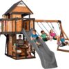 Backyard Discovery Canyon Creek Cedar Wood Swing Set with Wave Slide, Clubhouse, Play Kitchen, Picnic Area, Belt Swings, Web Swing, Rock Wall, Balconies, Playhouse, Step Ladder, Outdoor Playset