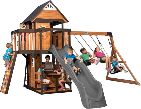 dc0b40be6ab541f6816ed9b98ac367bb Backyard Discovery Canyon Creek Cedar Wood Swing Set with Wave Slide, Clubhouse, Play Kitchen, Picnic Area, Belt Swings, Web Swing, Rock Wall, Balconies, Playhouse, Step Ladder, Outdoor Playset