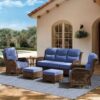 Outdoor Swivel Rocker Patio Chairs with 6-Inch Thick Cushions and Side Table, 3PCS High Back Wicker Patio Furniture Set for Porch, Balcony, Deck and Yard in Blue