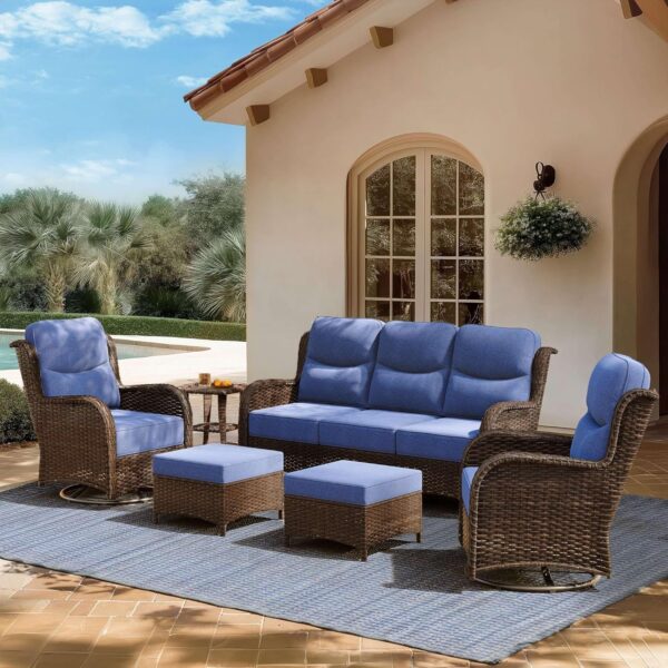 dc9effd9401f40c89946c1656a797636 Outdoor Swivel Rocker Patio Chairs with 6-Inch Thick Cushions and Side Table, 3PCS High Back Wicker Patio Furniture Set for Porch, Balcony, Deck and Yard in Blue