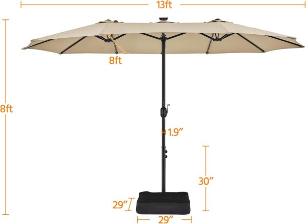 dcebfe8cdd174aacb0aea44bc47c38ac 15 ft Large Patio Umbrella with Solar Lights Double-Sided Outdoor Rectangle Market Umbrellas with 36 LED Lights/Base Included/Easy Crank for Patio Garden Yard Pool Lawn, Brown