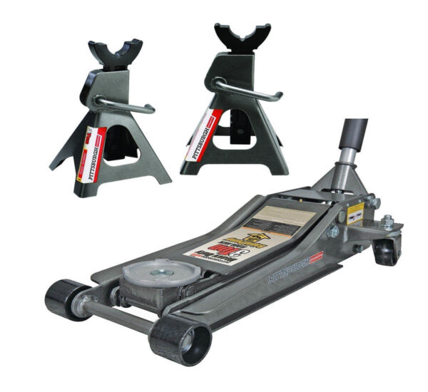 dcf099d86f784482b8bd9bd741c0f8ac Pittsburg 3 Ton Low Profile Floor Jack and Jack Stands Set Combo with Rapid Pump Quick Lift