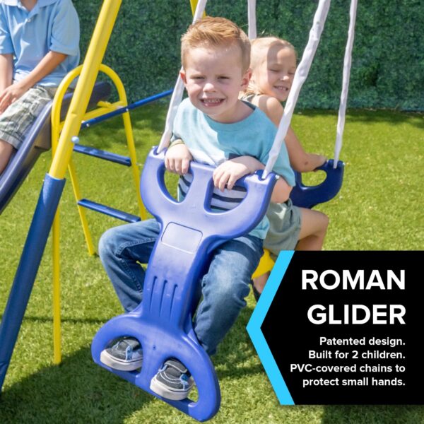 Sportspower Super Star Metal Swing Set with Saucer Swing, Glider Swing, Lifetime Warranty on Blow Molded Slide, and Bonus Anchor Kit