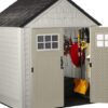 Rubbermaid 7×7 Ft Durable Weather Resistant Resin Outdoor Garden Storage Shed with Windows and Utility Hooks, Sand