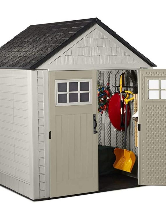 de08155b7a584fa28a41cc7aca892ff1 Rubbermaid 7×7 Ft Durable Weather Resistant Resin Outdoor Garden Storage Shed with Windows and Utility Hooks, Sand