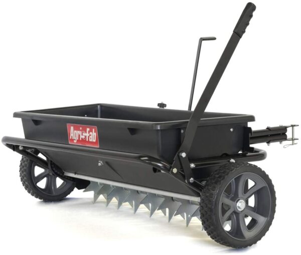 de6cbc25f32542039b4951e9025efa57 Agri-Fab 45-0543-AMZ 100 lb. Tow-Behind Lawn & Garden Spiker/Seeder/Drop Spreader for Seed,Fertilizer, Salt, Ice Melt; Designed to Pull Behind Lawn & Garden Tractors