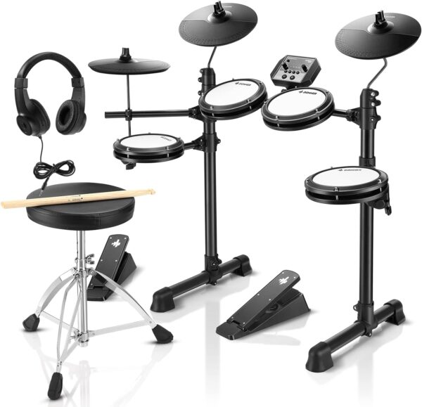 dea6850a265e4e1299ca9778021a1d59 Donner DED-80 Electronic Drum Set, Electric Drum Set for Beginner with 4 Quiet Mesh Drum Pads, 2 Switch Pedal, 180+ Sounds, Throne, On-Ear Headphones, Sticks, and Melodics Lessons Included.