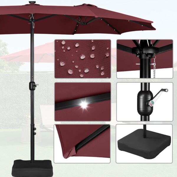 dee01bb1c50544948995fc483748de4a 15 ft Large Patio Umbrella with Solar Lights Double-Sided Outdoor Rectangle Market Umbrellas with 36 LED Lights/Base Included/Easy Crank for Patio Garden Yard Pool Lawn, Brown