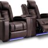 Power Home Theater Seating Set of 3, Brown Faux Leather Electric Recliner Chair with Powered Headrest, Dual Motors Movie Reclining Chairs with LED Lights,USB Port,Cup Holders, Hidden Arm Storage