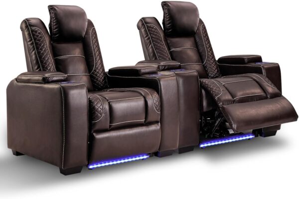 def0d739c1994e1d8c6407388477fa94 Power Home Theater Seating Set of 3, Brown Faux Leather Electric Recliner Chair with Powered Headrest, Dual Motors Movie Reclining Chairs with LED Lights,USB Port,Cup Holders, Hidden Arm Storage