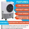 MC18M Portable Evaporative Cooling Fan, Indoor/Outdoor High Temp Environments, 1300 CFM, 500 sq. ft., 2-Speed Fan, 53.4 dB, White