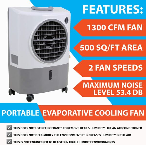 df2163ae0ca44ede90108586fe940a88 MC18M Portable Evaporative Cooling Fan, Indoor/Outdoor High Temp Environments, 1300 CFM, 500 sq. ft., 2-Speed Fan, 53.4 dB, White