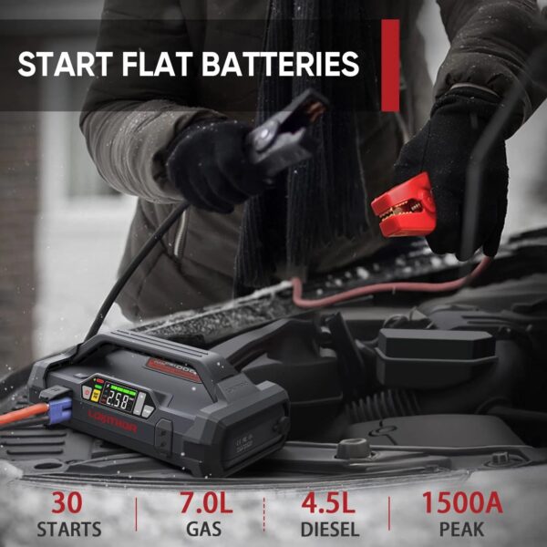 df6927be0e454bc08f572015a1b131f3 Starter with Air Compressor, 1500Amp 12V Portable Car Battery Booster Pack for Upto 7.0L Gas or 4.5L Diesel, 150 PSI Tire Inflator with Digital Screen, 24 Months Ultra-Long Standby