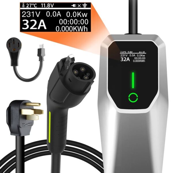 df8efb3aa7d7472fae20499ee55193f1 32 Amp Level 1&2 Portable EV Charger ,26FT Cable NEMA 14-50 Plug for Electric Car Home Charging Station 7.68KW