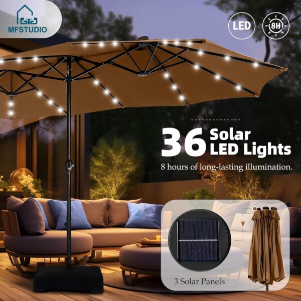 e04af1404ca44d718f98076b7de527d7 15ft Double Sided Patio Umbrella with Solar Lights, Outdoor Large Umbrellas with Crank Handle and 36 LED Lights, Rectangular Market Umbrella with Base Included for Deck Pool Shade