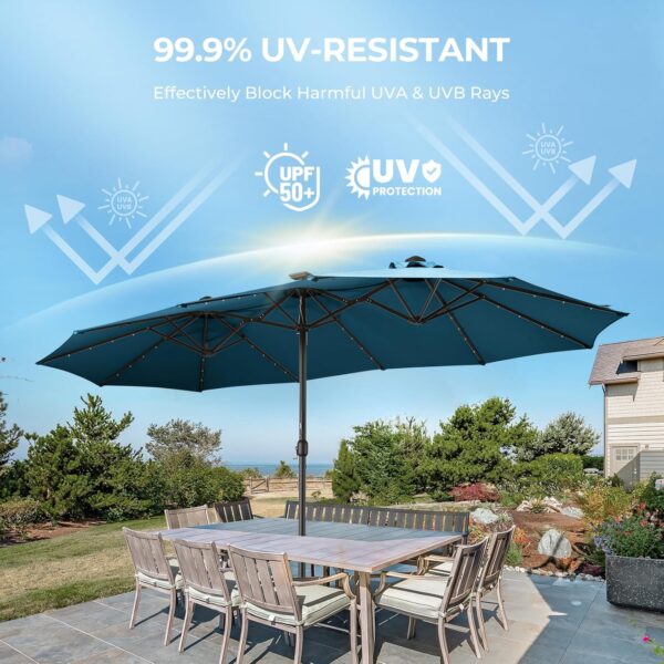 e0b05e9a09e144a7a7f385fa71e3e3ee Double Sided Patio Umbrellas - 15ft Solar Lights LED Lighted Outdoor Extra Large Market Table Umbrella with Base Included, Oversized Umbrella for Deck, Pool, Backyard (Beige)