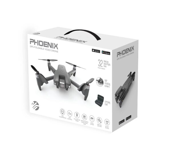 Vivitar VTI Phoenix Foldable Gray Camera Drone, GPS Drone with WiFi, 32 Mins Flight Time 2000 ft Range and Carrying Case, sized 10.3" x 5.7" x 13.3"