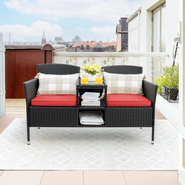 e1345de503db4279a28c3c3434900139 Outdoor Furniture Patio Loveseat Wicker 2-Seat with Built-in Table and Cushions Rattan Porch Chairs Bench for Balcony, Lawn, Backyard (Beige)