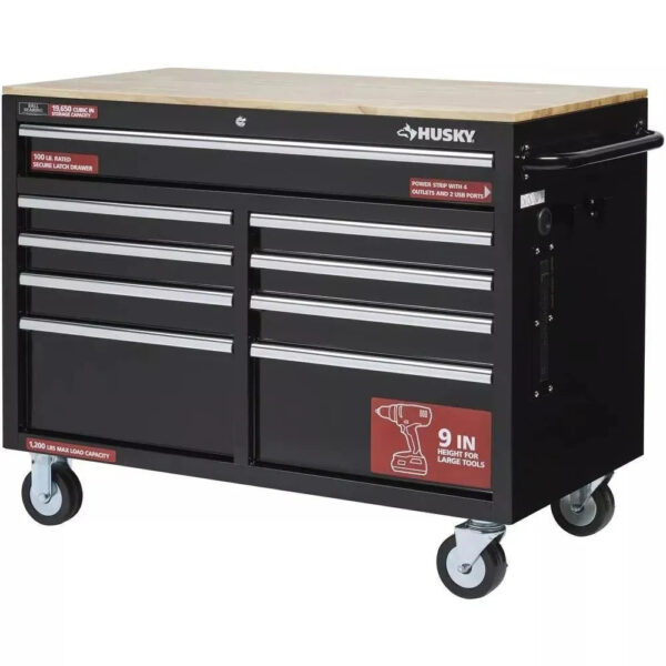 e1d9b5c762a44b4d9654911ff3a82563 46 in. W x 24 in. D 9-Drawer Gloss Black Deep Tool Chest Mobile Workbench