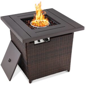 Best Choice Products 28in Propane Gas Fire Pit Table 50,000 BTU Outdoor Wicker w/ Glass Beads, Tank Holder Brown