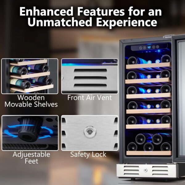 e2da55cae6e040be88563197c7e710e8 24 inch Wine Cooler, 46 Bottle - Dual Zone Built-in or Freestanding Fridge with Stainless Steel Reversible Glass Door, for Home, Kitchen, or Office.