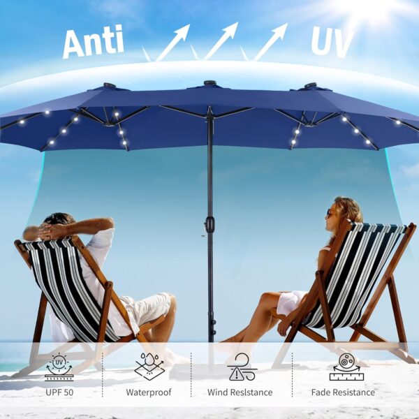e31c3136a46e4190aff69256df5bd306 15ft Double Sided Patio Umbrella with Solar Lights, Outdoor Large Umbrellas with Crank Handle and 36 LED Lights, Rectangular Market Umbrella with Base Included for Deck Pool Shade