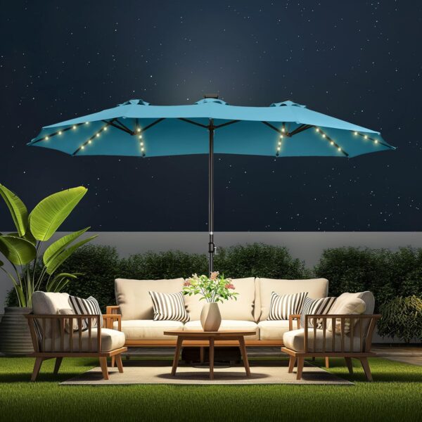 e32f50da8f164b76935be5caa47f307b Double Sided Patio Umbrellas - 15ft Solar Lights LED Lighted Outdoor Extra Large Market Table Umbrella with Base Included, Oversized Umbrella for Deck, Pool, Backyard (Beige)