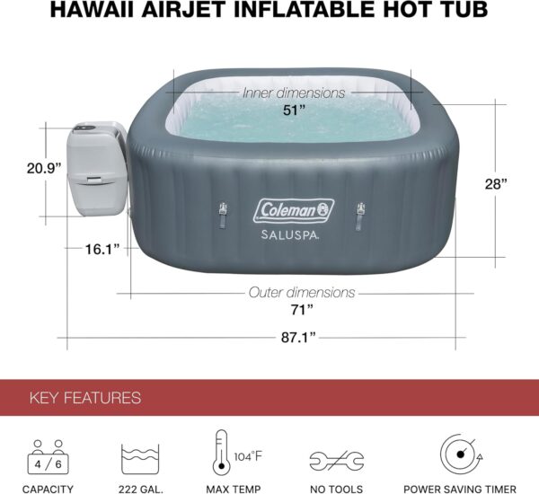 e3953d4082284cab9fe58497943360df 4 to 6 Person Inflatable Hot Tub Square Portable Outdoor Spa with 114 Soothing AirJets and Insulated Cover, Gray-Coleman