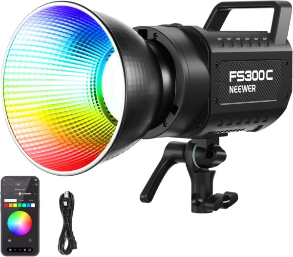 e4b88d5ac05147e287bdd7572c2eef92 130W RGB LED Video Light APP/2.4G Control 17 Effects, 2500-7500K 19800lux/1m COB Continuous Lighting Output with CRI97/TLCI98 4 Dimming Curves, Spotlight for Studio Shoots, FS150C
