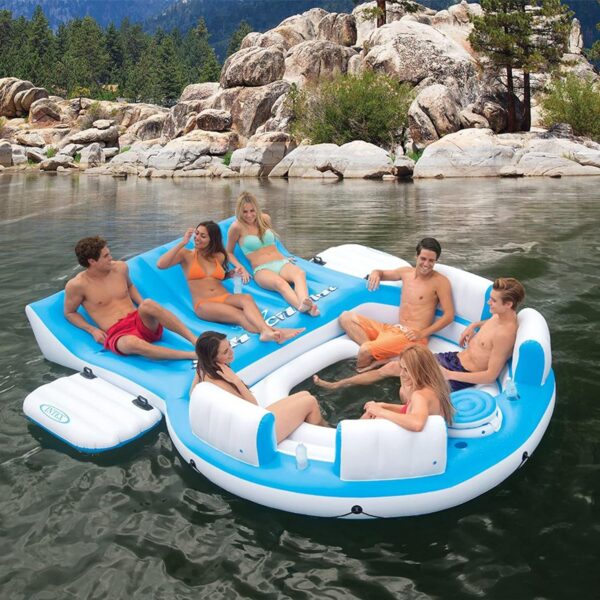 e4fe4994ff5c45a48fa2cd990ec2cace 56299EP 145 x 125 x 20 Inch Splash N Chill Inflatable Lake and Pool Relaxation Island Lounger Seat for up to 7 Adults, Blue and White