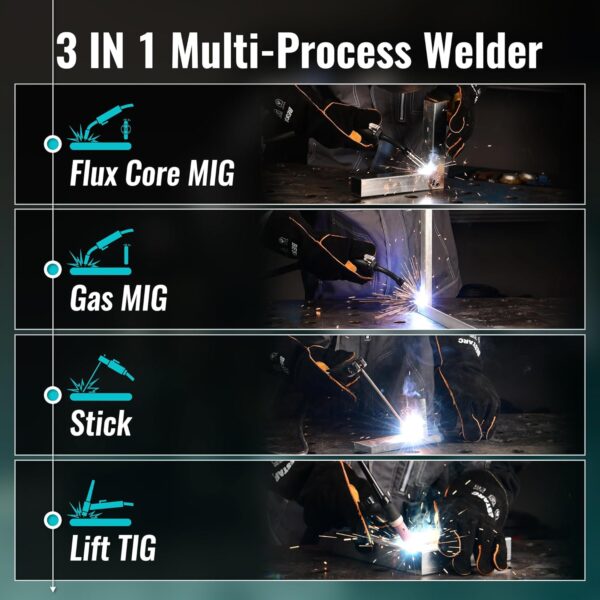 e50e6827bc2246f5a6b90bbe49da7dee 145A MIG Welder, 110V/220V Dual Voltage Gas/Gasless Flux Core MIG Welder/Lift TIG/Stick 3 in 1 Synergic MIG145 9GEN Welding Machine, Flux/Solid Welder Digital Screen Display