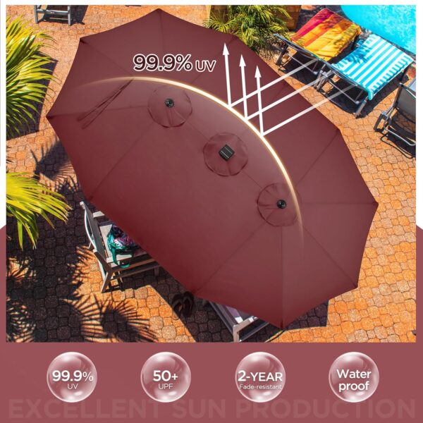 e5af2ee10b0d4688b94438ccba20dce1 15 ft Large Patio Umbrella with Solar Lights Double-Sided Outdoor Rectangle Market Umbrellas with 36 LED Lights/Base Included/Easy Crank for Patio Garden Yard Pool Lawn, Brown