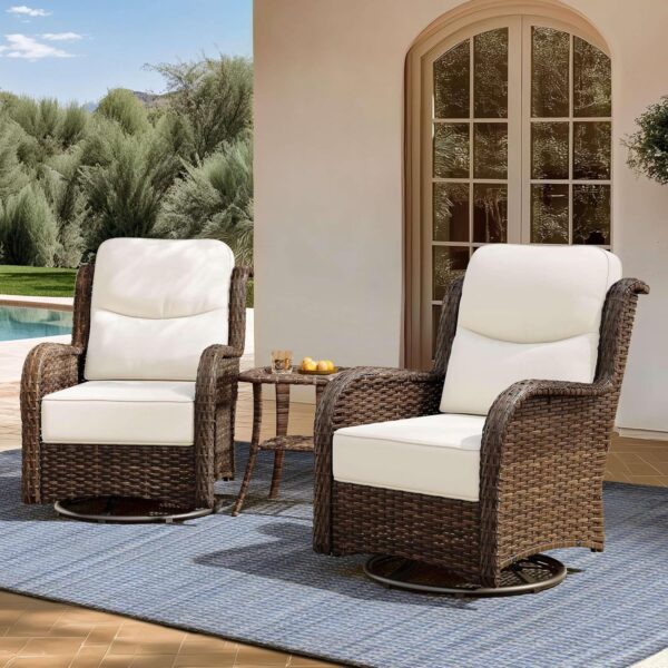 e6271e1760b846f9a0a4068eceabea2e Outdoor Swivel Rocker Patio Chairs with 6-Inch Thick Cushions and Side Table, 3PCS High Back Wicker Patio Furniture Set for Porch, Balcony, Deck and Yard in Blue