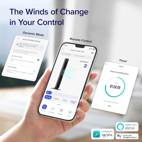 e6608c198be445f0aaaf74680ee33b6b LEVOIT Tower Fan for Bedroom, Standing Fan that Blows Cold Air for Home, 28dB Quiet for Sleep, Remote, 90° Oscillation, 12H Timer, 25ft/s Velocity, 5 Speeds, 4 Modes, Bladeless 36 inch, White