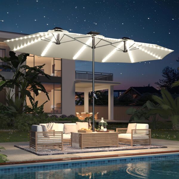 e68658ed9a4645d791ed1b14e9b7a657 15ft Patio Umbrella with Solar Lights, Large Double Umbrella Outdoor, Rectangle 180''x106'' Umbrellas with 156 PCS LED Lights and Crank Handle for Backyard Deck Pool Shade in Black(1.9" Pole)