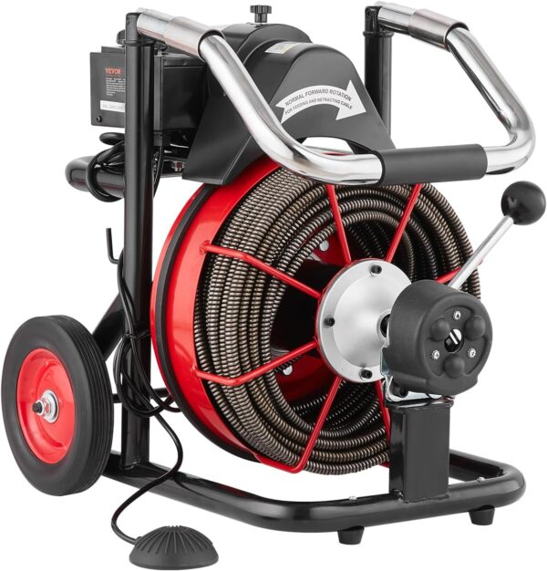 e79de9ef60f74584b5bf0e031f3ab348 VEVOR Drain Cleaner Machine 100FT x 1/2 Inch, Auto Feed Sewer Snake Auger on Wheels, 550W Portable Drain Cleaning Machine with 8 Cutters & Air-activated Foot Switch for 2" to 4" Pipes