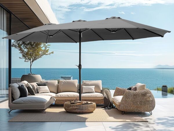 e7ab19e0444442dea836f110e62a9cbb 15ft Patio Umbrella Double-Sided Outdoor Market Extra Large Umbrella with Crank, Umbrella Base Included (Dark Red)