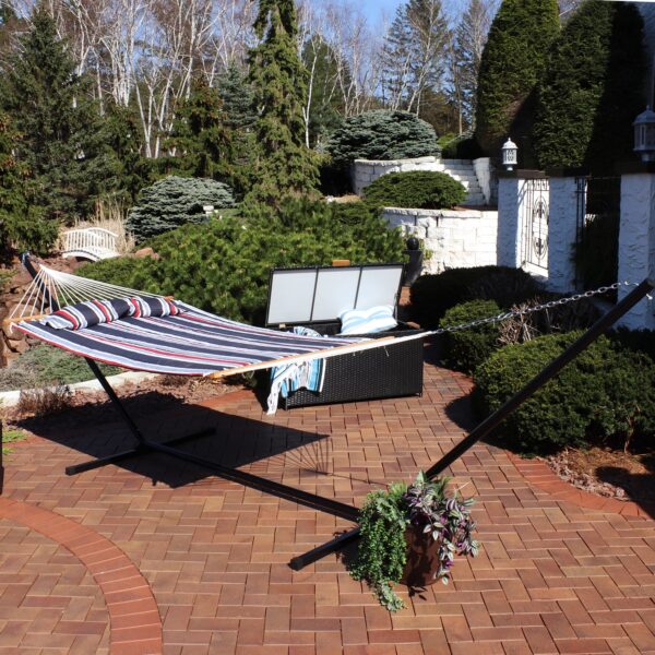 Sunnydaze 2-Person Freestanding Quilted Fabric Hammock with 15' Stand - Nautical Stripe